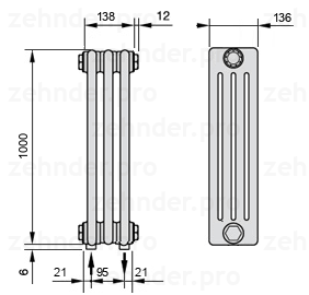 Схема (чертеж) Радиатор Zehnder Charleston 4100/3 №5310 Белый глянцевый RAL 9016